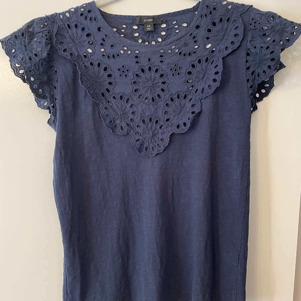 J Crew Eyelet Scalloped Flutter Sleeve Navy Blue Tee